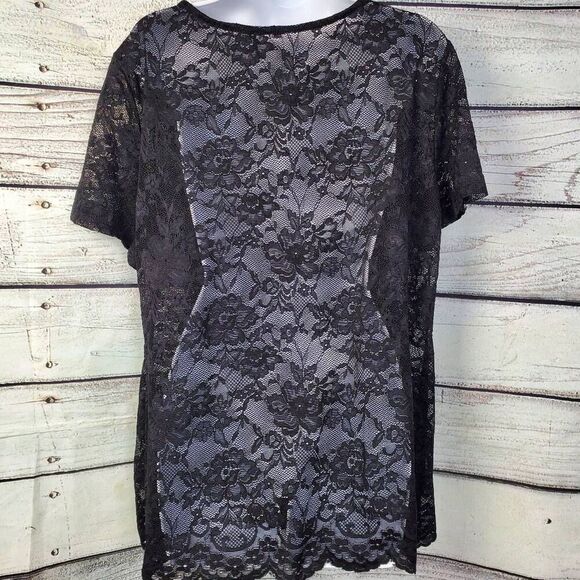 SHEIN Curve 4XL Black Floral Lace Overlay Short Sleeve Plus Size Blouse - Picture 6 of 8